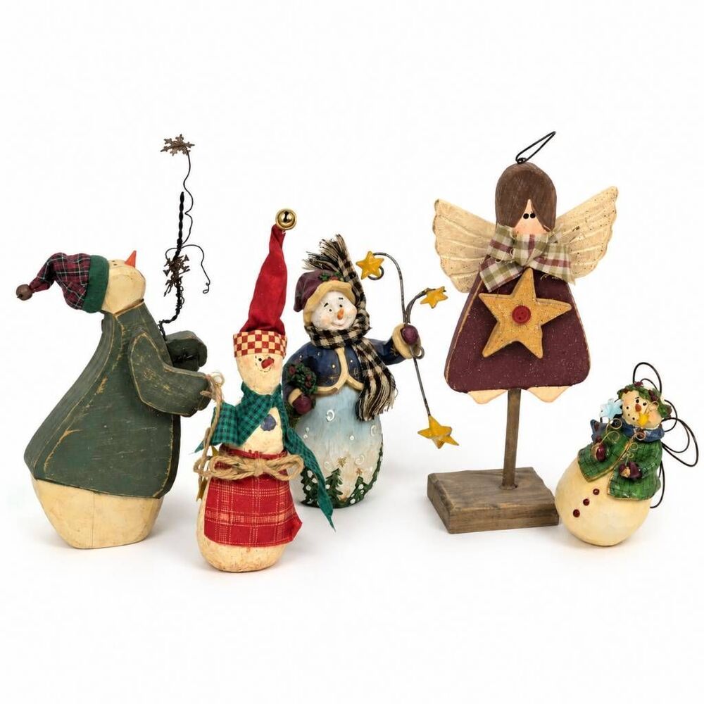 Primitive Christmas Snowman & Angel Figurines Lot